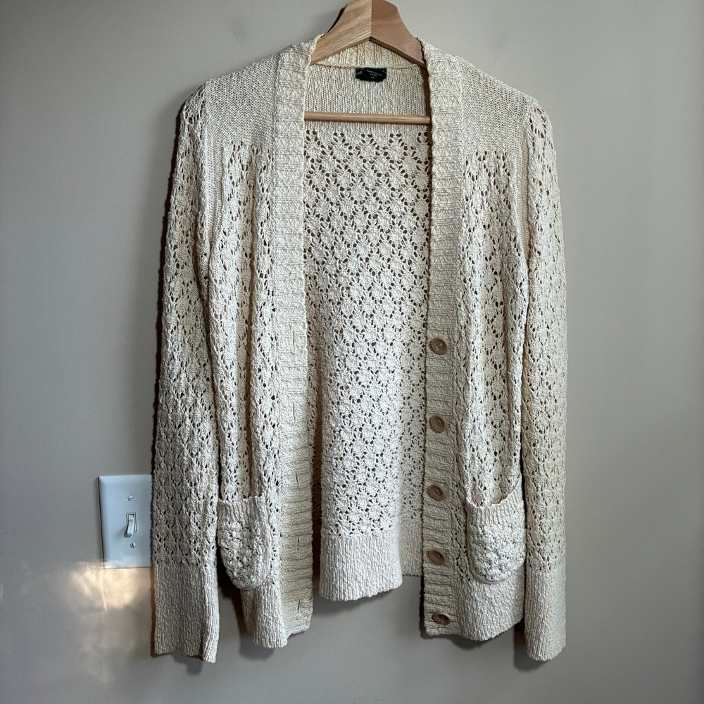 Eddie Bauer Pointelle Open Knit Cardigan XS Cream Womens Cotton Sweater